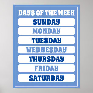 Kids Cute Blue Days Of The Week Learning Boys Room Poster
