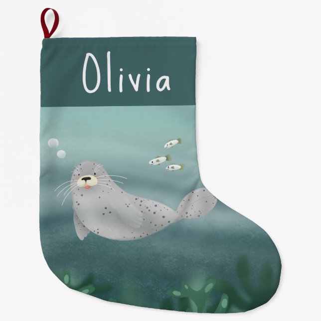 Kids Cute Blue Under the Sea Seal Large Christmas Stocking (Front)