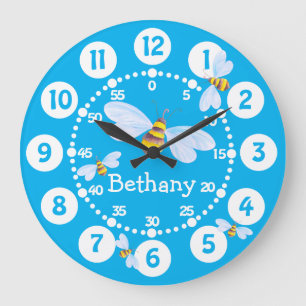 Kids cute bumble bees white blue wall clock