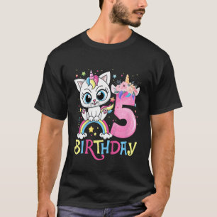 Kids Cute Cat Unicorn Face Floral 5 Year Old 5th B T-Shirt