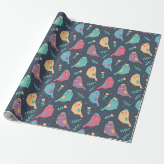 Kids Cute Colourful Birds Peeking Green Blue Yello Wrapping Paper