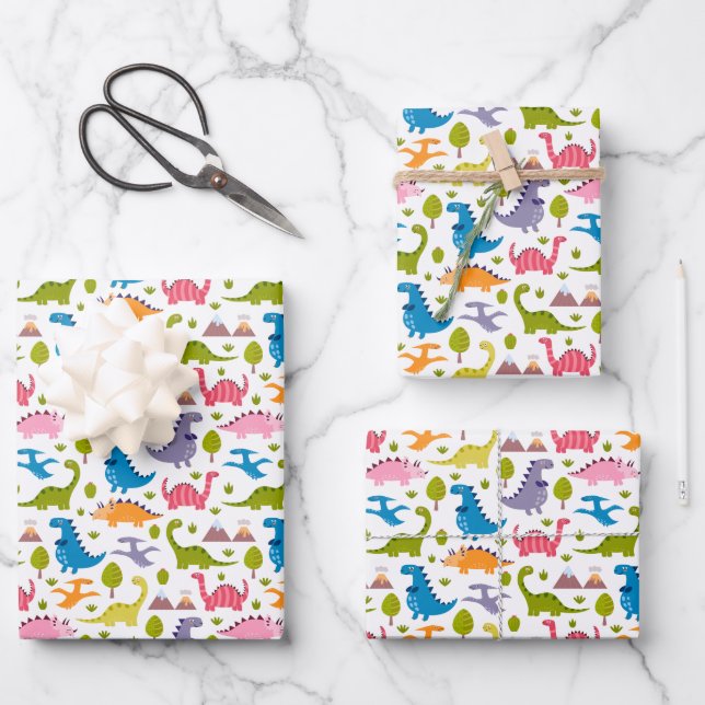Kids Cute Colourful Dinosaurs Wrapping Paper Sheet (Front)