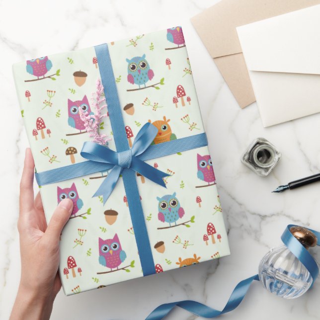 Kids Cute Colourful Owls Acorns Mushrooms Wrapping Paper (Gifting)