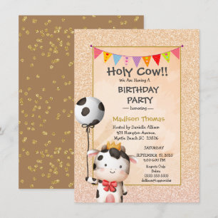 Kids Cute Cow Girls Glitter Birthday Party   Invitation