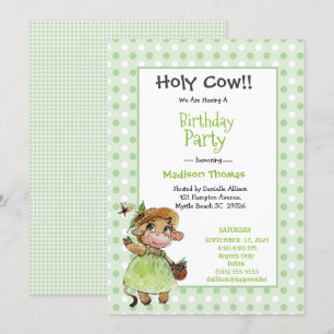 Kids Cute Cow Girls Green White Birthday Party  Invitation