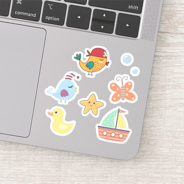 Kids Cute Day at the Beach Toy Boat Pirate Birds (Detail)
