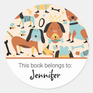 Kids cute dog pattern bookplate classic round sticker