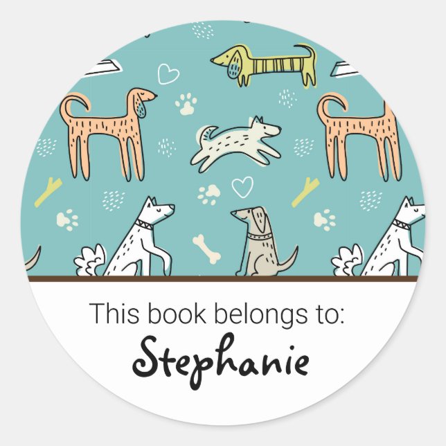 Kids cute dog pattern bookplate classic round sticker (Front)