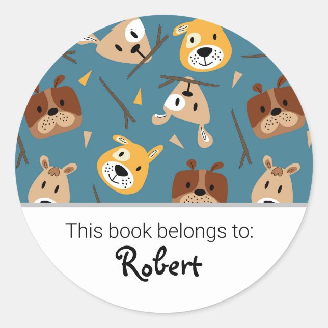Kids cute dog pattern bookplate classic round sticker (Front)
