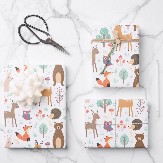 Kids Cute Forest Animals Porcupine Deer Brown Bear Wrapping Paper Sheet (Front)