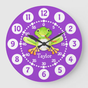 Kids cute frog purple green wall clock