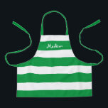 Kids Cute Green and White Striped Personalized Apron<br><div class="desc">Your child will love crafting or helping you cook in this Kids Cute Green and White Striped Personalized Apron.  This modern design has wide horizontal stripes on all-over-print apron and name is in white whimsical lettering across the top.
CLICK PERSONALIZE TEMPLATE OPTION AND ENTER NAME</div>