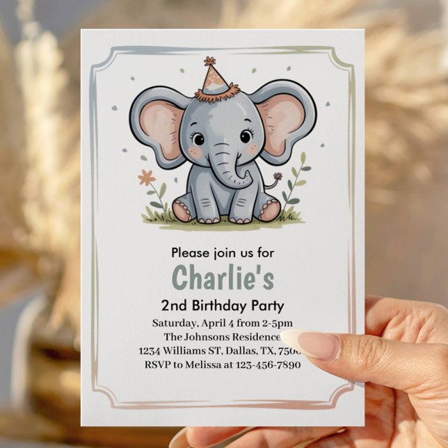 Kids Cute Green Elephant 2nd Birthday Party Invitation (Creator Uploaded)
