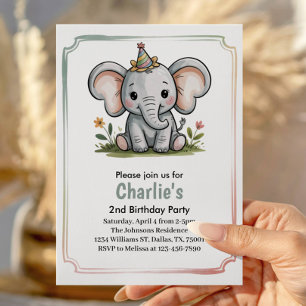 Kids Cute Green Elephant 2nd Birthday Party Invitation