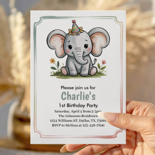 Kids Cute Green Elephant Birthday Party Invitation