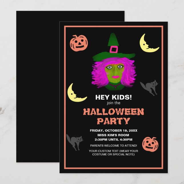 Kids Cute Halloween Theme Black Orange Party Invitation (Front/Back)
