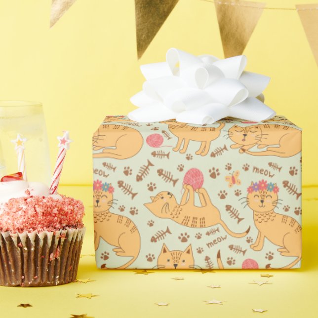 Kids Cute Happy Cats Playing with Yarn Sleeping Wrapping Paper (Birthday Party)