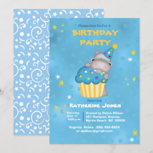 Kids Cute Hippo with a Blue Cupcake Birthday  Invi Invitation