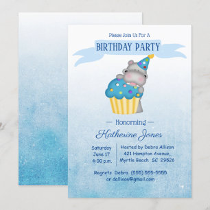 Kids Cute Hippo with a Blue Cupcake Birthday  Invitation