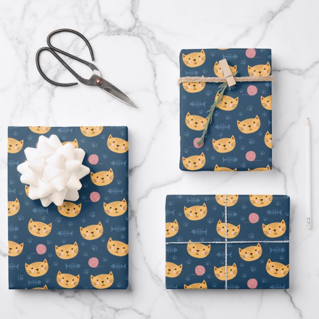 Kids Cute Kitty Cat Faces Paw Prints Ball of Yarn Wrapping Paper Sheet (Front)