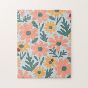 kids Cute Ladybug Polka dot Daisy Flower Pattern Jigsaw Puzzle