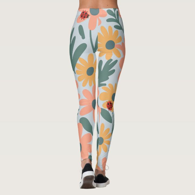 kids Cute Ladybug Polka dot Daisy Flower Pattern Leggings (Back)