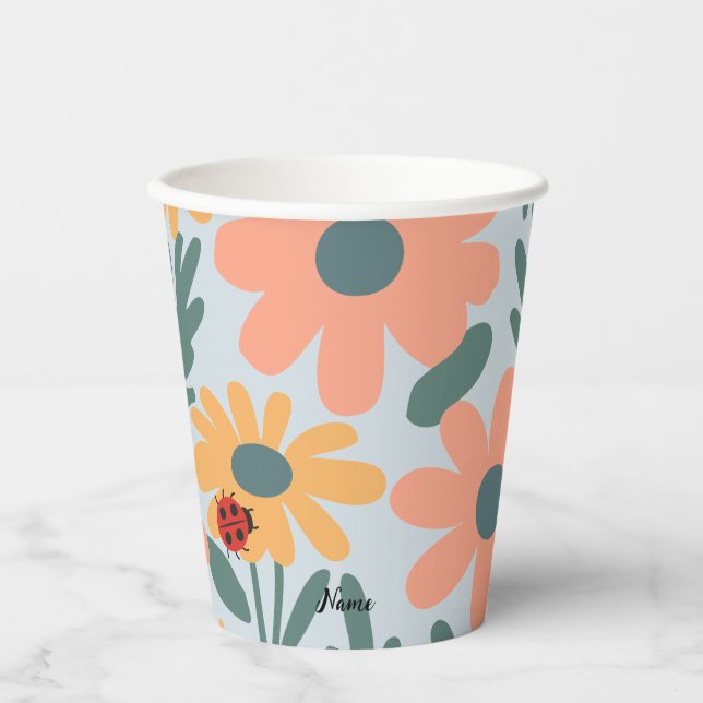 kids Cute Ladybug Polka dot Daisy Flower Pattern Paper Cups (Front)