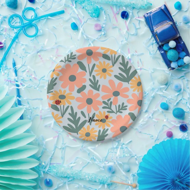 kids Cute Ladybug Polka dot Daisy Flower Pattern Paper Plate (Party)