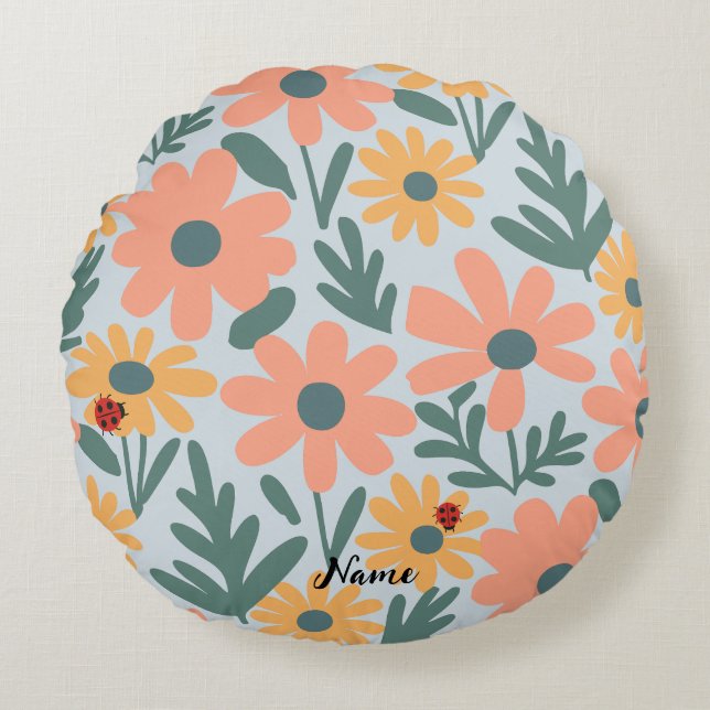 kids Cute Ladybug Polka dot Daisy Flower Pattern Round Pillow (Front)