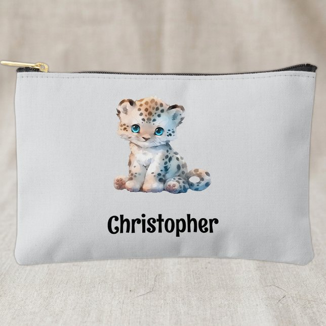 Kids cute leopard add a name grey black accessory pouch (Creator Uploaded)