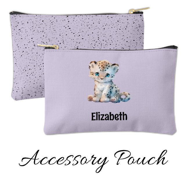 Kids cute leopard add a name purple black accessory pouch (Creator Uploaded)