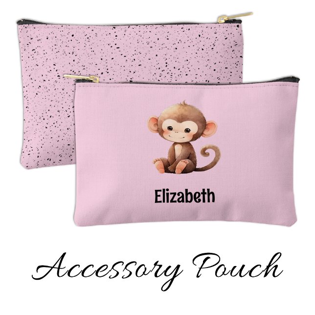 Kids cute monkey add a name pink black accessory pouch (Creator Uploaded)