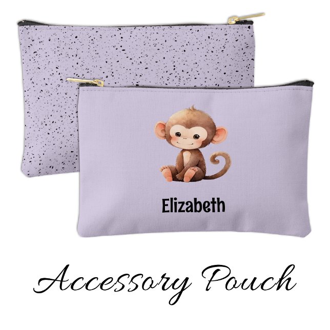 Kids cute monkey add a name purple black accessory pouch (Creator Uploaded)