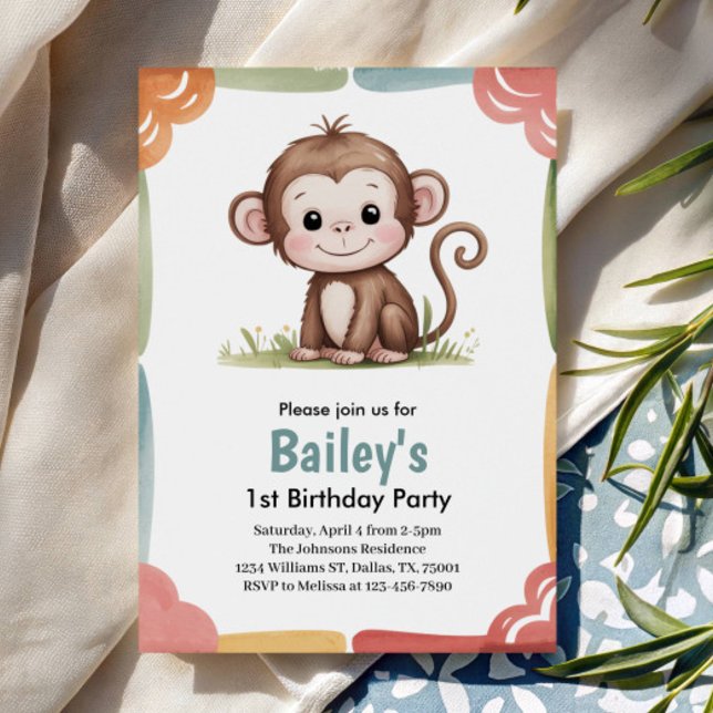 Kids Cute Monkey Jungle Birthday Party Invitation (Creator Uploaded)
