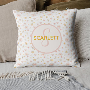 Kids Cute Name Pink Orange Pattern of Suns Hearts  Throw Pillow