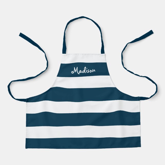 Kids Cute Navy Blue Stripes Personalized Craft Apron (Front)