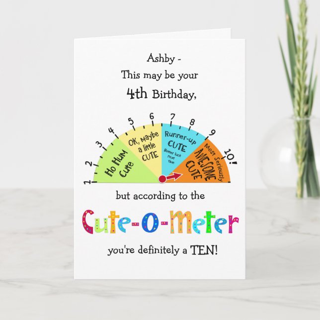 Kids Cute-O-Metre Funny 4th Birthday Greeting Card (Front)
