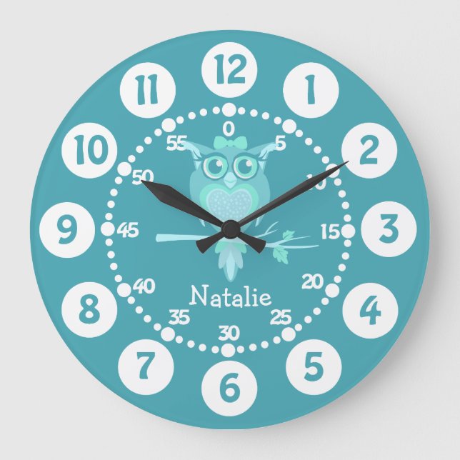 Kids cute owl aqua blue green wall clock (Front)