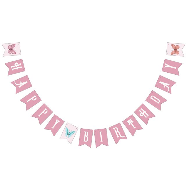 Kids Cute Pink Butterfly Birthday Bunting Flags (All)