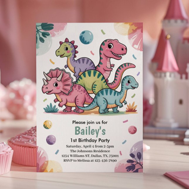 Kids Cute Pink Dinosaur 1st Birthday Party Invitation (Creator Uploaded)