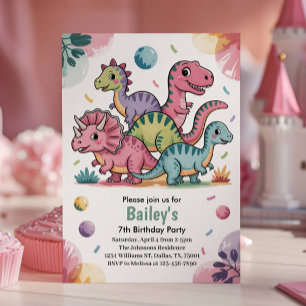 Kids Cute Pink Dinosaur 7th Birthday Party Invitation