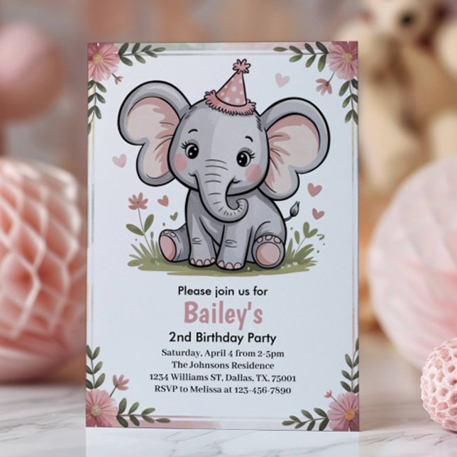 Kids Cute Pink Elephant 2nd Birthday Party Invitation (Creator Uploaded)