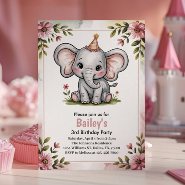 Kids Cute Pink Elephant 3rd Birthday Party Invitation (Creator Uploaded)
