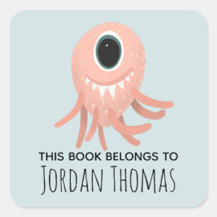Kids Cute Pink Monster School Bookplate Square Sticker