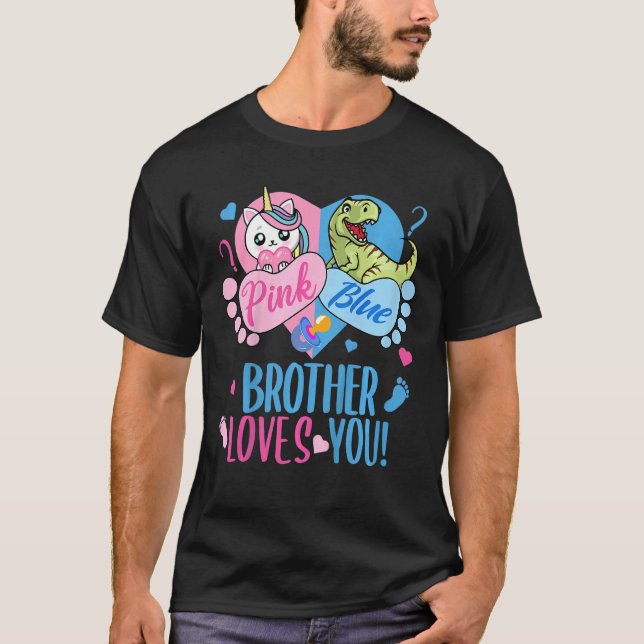 Kids Cute Pink or Blue BROTHER Loves You Dinosaur  T-Shirt (Front)