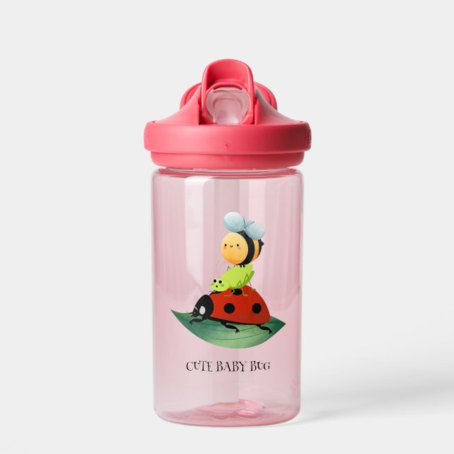 Kids Cute polka dot ladybug  Bee on green leaf Water Bottle (Front)