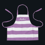 Kids Cute Purple and White Striped Personalized Apron<br><div class="desc">Your child will love crafting or helping you cook in this Kids Cute Purple and White Striped Personalized Apron.  This modern design has wide horizontal stripes on all-over-print apron and name is in white whimsical lettering across the top.
CLICK PERSONALIZE TEMPLATE OPTION AND ENTER NAME</div>