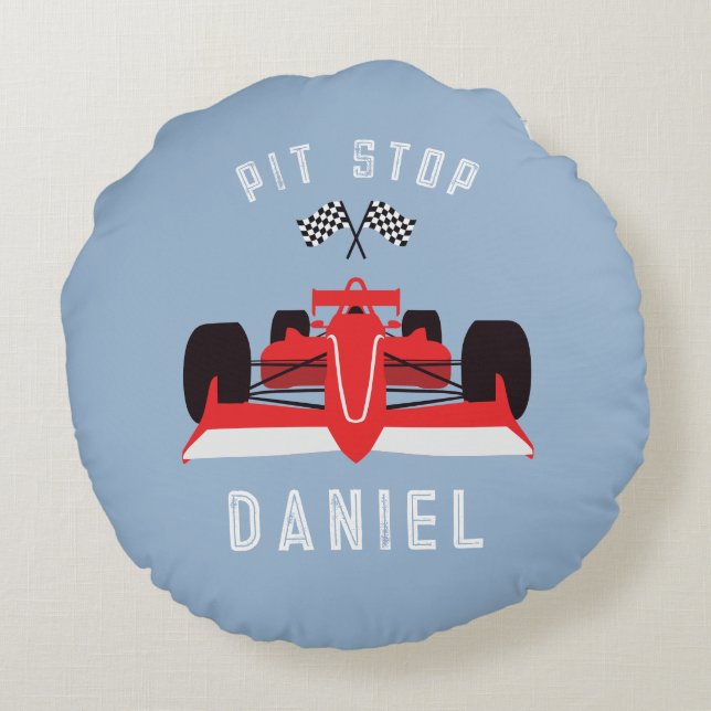 Kids Cute Racing Car Blue Round Pillow (Back)