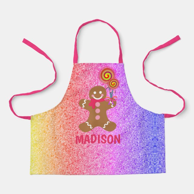 Kids Cute Rainbow Glitter Gingerbread Personalized Apron (Front)