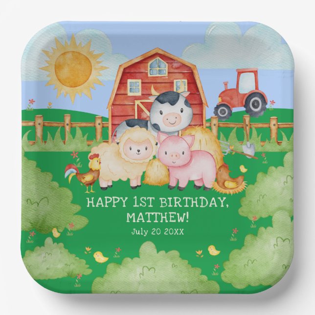 Kid's Cute Red Barnyard Farm Animals  Paper Plate (Front)